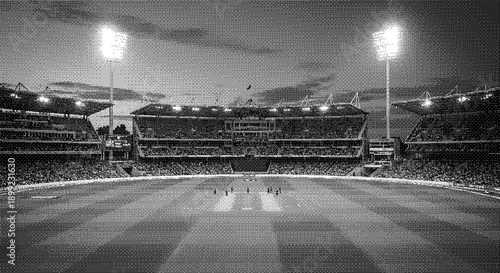 Nighttime cricket match in a large stadium with spectators and floodlights