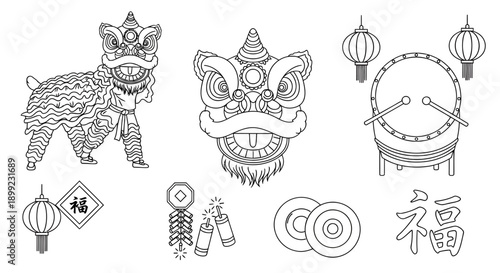 Chinese lion dance performance with drums and fireworks at cultural festival