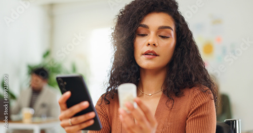 Photos Woman, phone or pills in office for reading, research side effects or medication reminder on app