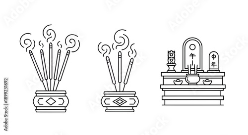 Traditional Asian altar with burning incense sticks