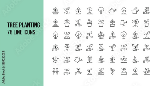 Large set of 78 minimalist line icons for tree planting reforestation and gardening featuring saplings seeds watering cans and environmental care symbols