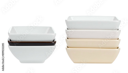 Two stacks of square, ceramic bowls in white, tan, and brown, isolated on white