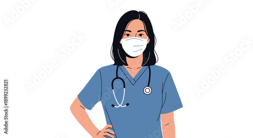 Illustration of a dedicated female nurse wearing scrubs and a protective face mask