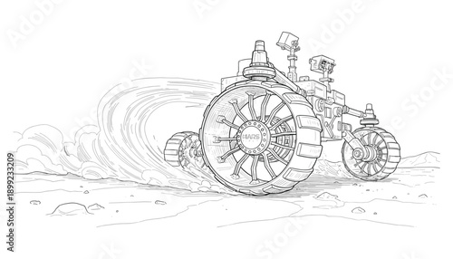 Mars rover driving over surface of red planet in search of extraterrestrial life line art