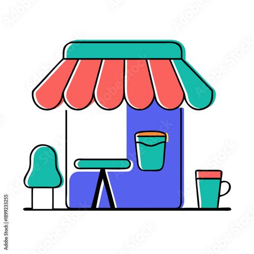 A charming small shop with a colorful awning and a variety of items on display Vector