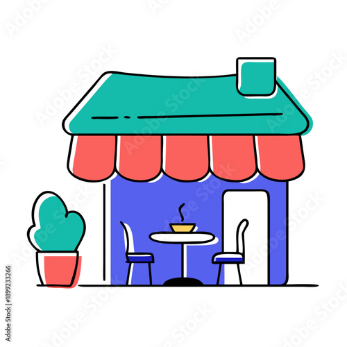 A charming small shop with a blue awning and a potted plant outside. Vector