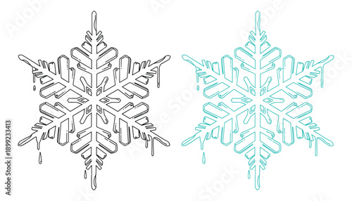 Melting snowflake outline vector illustration in two styles for winter holiday decorations