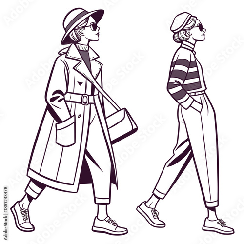 Two stylish individuals walking down the street with unique fashion choices Vector