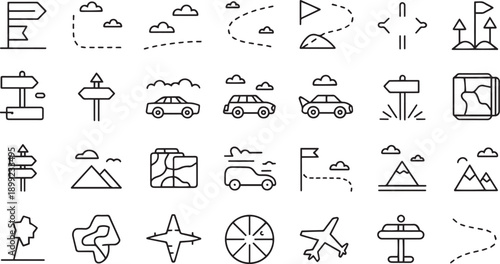 Collection of diverse travel and navigation icons depicting cars airplanes mountains and signposts