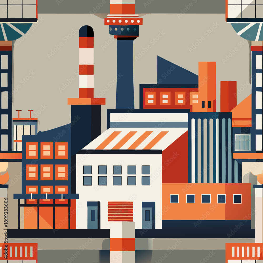Obraz premium A bustling industrial landscape with factories and chimneys emitting smoke. Vector