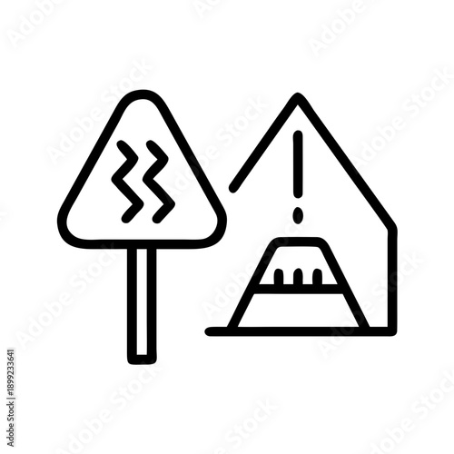 Warning signs indicating a potential landslide and an electrical storm ahead on the road. Vector