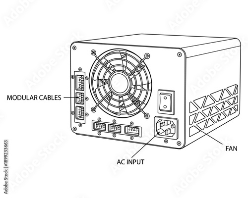 Modular cable power supply unit for desktop computer with fan and ac input