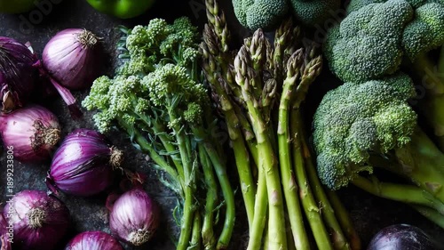 Fresh green broccoli, asparagus, and purple onions, Fresh green broccoli, asparagus spears, and vibrant purple onions arranged