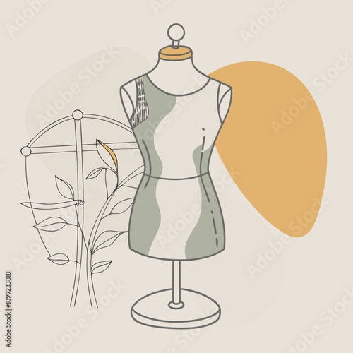 A stylish mannequin dressed in a chic outfit with a vibrant orange background. Vector