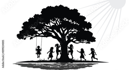 Children playing near a large tree silhouetted against a bright sun