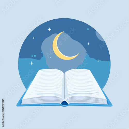 Enchanting open book beneath a serene starry night sky and a golden crescent moon, illustrating the magic of bedtime stories, dreams, and imaginative learning