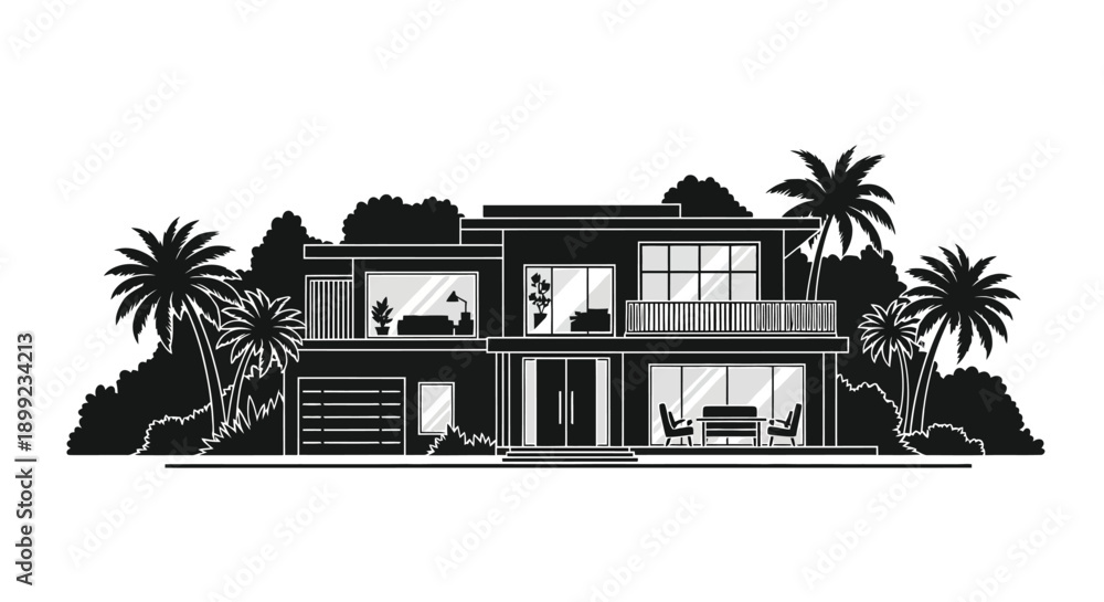Fototapeta premium A modern two story house with palm trees is depicted in black and white
