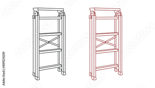Outline drawing of folding step ladder black and red for home improvement on transparent background