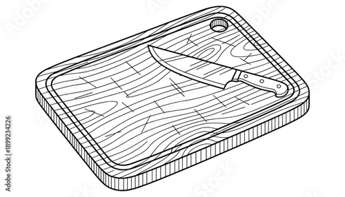Outline drawing of kitchen cutting board with knife for preparing food vector graphic illustration
