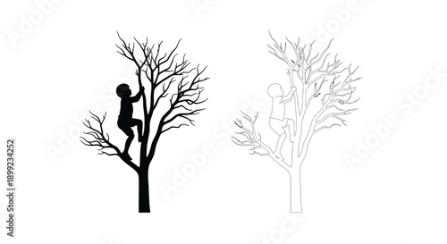 A child climbing a bare tree shown in silhouette and line art
