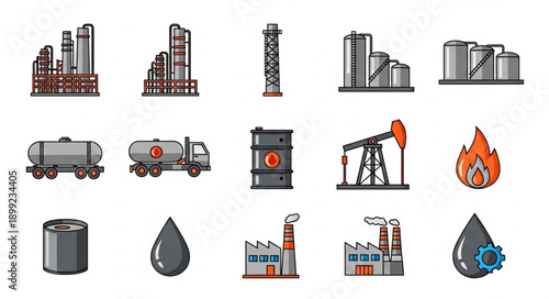 Collection of oil and gas industry icons and symbols.