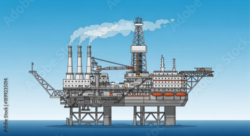Offshore oil rig platform in the ocean with steam rising from stacks.