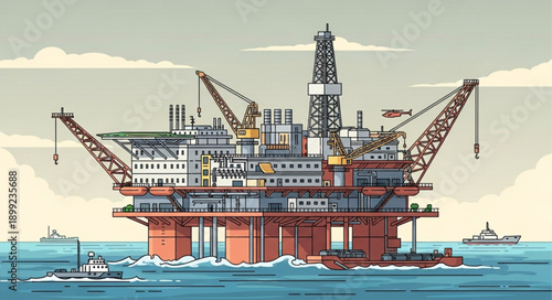 Offshore oil rig platform in the ocean with support vessels.