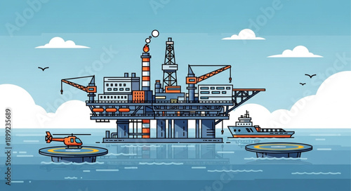 Offshore oil rig platform in the ocean with support vessels.