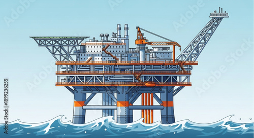 Offshore oil rig platform in the ocean with waves.