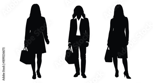 Three silhouetted businesswomen walking with handbags in a minimalist style