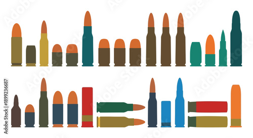 A colorful arrangement of various ammunition cartridges and bullets displayed