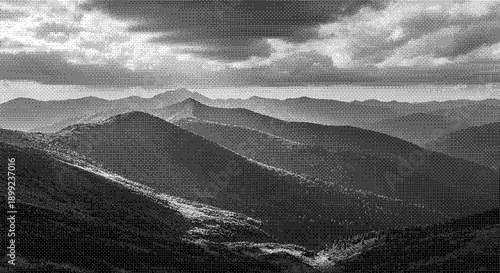 Aerial view of mountain ranges with cloudy sky and lush vegetation cover