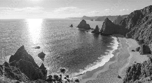 Aerial view of rugged coastline with rocky cliffs and serene ocean waves