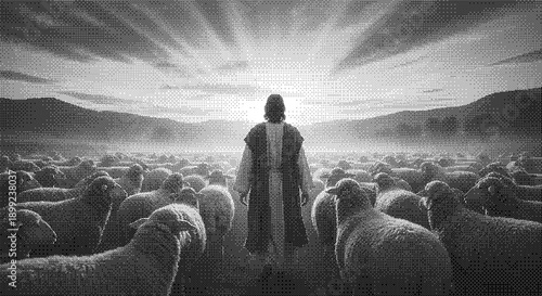 Shepherd guides flock through serene landscape under radiant sky