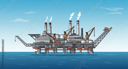 Offshore oil rig platform in the ocean with smoke stacks.