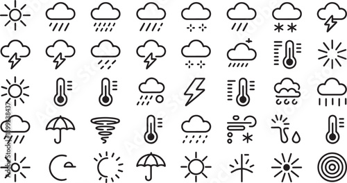 Set of weather icons with various conditions and symbols