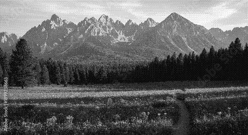 A serene mountain landscape with a winding path through a lush meadow and forest