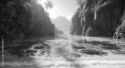 River flowing through a dense jungle with rocky cliffs and lush vegetation in a serene black and white landscape