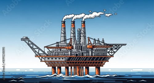 Offshore oil rig platform in the ocean with smoke stacks emitting steam.