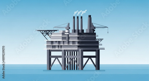 Offshore oil rig platform in the ocean with smoke stacks.