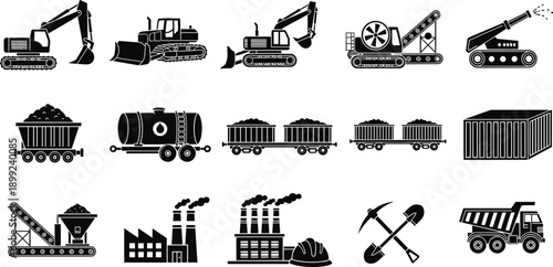 Heavy, machinery, icons, set, with, excavator, bulldozer, dump, truck, factory, mining, carts, conveyor, belt, pickaxe, shovel, oil, tanker, container, and, industrial, equipment,