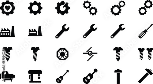 Industrial, mechanical, icons, set, featuring, gears, factory, wrench, screwdriver, screws, hammer, drill, vise, guitar, heart, gear, assembly, manufacturing, tools, engineering, hardware, equipment,