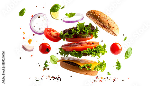 Exploded view of a burger with ingredients levitating against a black background