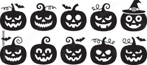 Halloween jackolanterns with witch hat and bats isolated on transparent background
