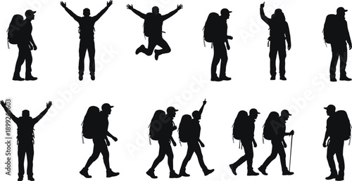 Black silhouettes of hikers with backpacks jumping walking and celebrating victory isolated on white background for outdoor adventure design.