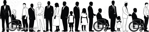 Diverse human silhouettes standing in line, representing society, disability inclusion, equality, generations, social structure, and community concept