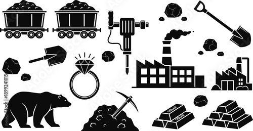 Mining, industrial, icons, set, with, gold, bars, diamond, ring, jackhammer, shovel, pickaxe, coal, carts, factory, bear, and, mineral, rocks, for, metallurgy, design,