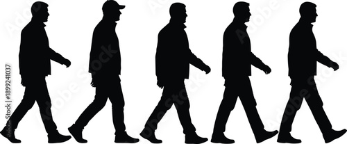 Set of Five Male Silhouettes Walking in Sequence Side View Profiles for Motion Graphic Design and Urban Projects