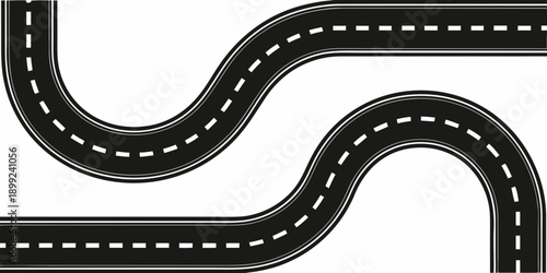 A winding road with dashed lane markings on a white background