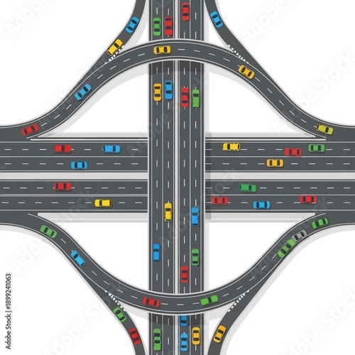 Aerial View of Busy Highway Interchange with Colorful Cars